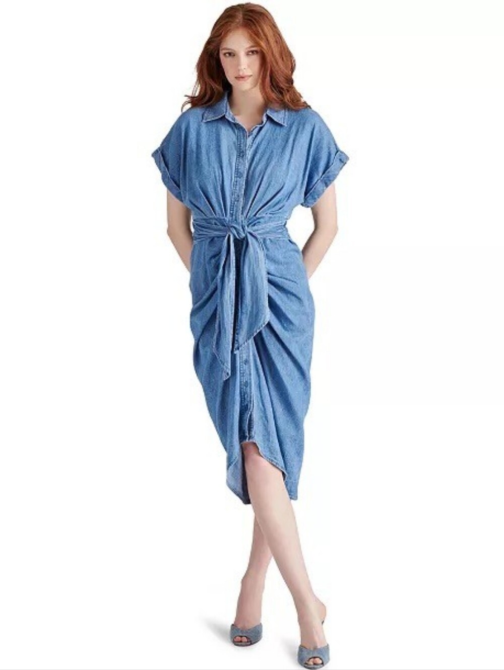 Steve Madden light blue denim tie-waist shirt dress, size 10.